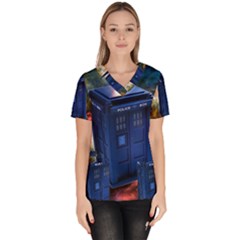 The Police Box Tardis Time Travel Device Used Doctor Who Women s V-neck Scrub Top by Sudhe