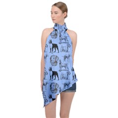 Dog Pattern Blue Halter Asymmetric Satin Top by snowwhitegirl
