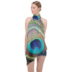 Peacock Feather Close Up Macro Halter Asymmetric Satin Top by Pakrebo
