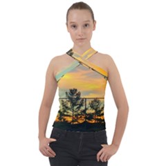 Fence Line Trees Cross Neck Velour Top by okhismakingart