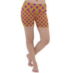 Pink Stars Pattern On Yellow Lightweight Velour Yoga Shorts by BrightVibesDesign