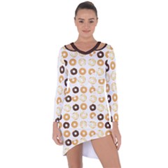 Donuts Pattern With Bites Bright Pastel Blue And Brown Cropped Sweatshirt Asymmetric Cut-out Shift Dress