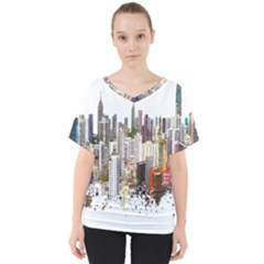 Hong Kong Skyline Watercolor Painting Poster V-neck Dolman Drape Top by Sudhe