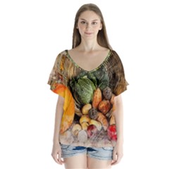 Pumpkin Vegetables Autumn V-neck Flutter Sleeve Top by Pakrebo