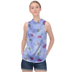 Ladybug Blue Nature High Neck Satin Top by HermanTelo