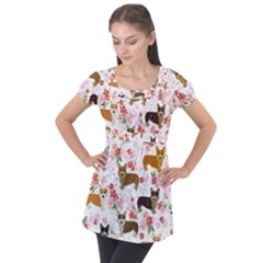 Corgis Corgi Pattern Puff Sleeve Tunic Top by Sapixe