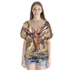 Tree Forest Woods Nature Landscape V-neck Flutter Sleeve Top by Sapixe