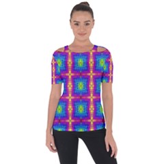 Groovy Blue Pink Yellow Square Pattern Shoulder Cut Out Short Sleeve Top by BrightVibesDesign