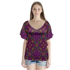 Triangle Pattern Kaleidoscope Color V-neck Flutter Sleeve Top by Pakrebo