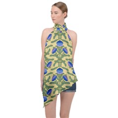 Pattern Thistle Structure Texture Halter Asymmetric Satin Top by Pakrebo