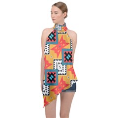 Shapes On A Brown Background Pattern                Halter Asymmetric Satin Top by LalyLauraFLM