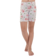 Pink Flowers Pattern Spring Nature Kids  Lightweight Velour Capri Yoga Leggings by TeesDeck