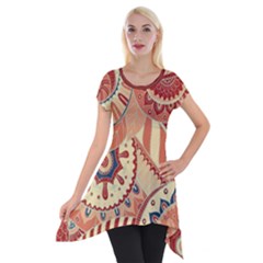 Pop Art Paisley Flowers Ornaments Multicolored 4 Background Solid Dark Red Short Sleeve Side Drop Tunic by EDDArt