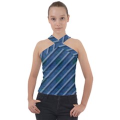 Blue Stripped Pattern Cross Neck Velour Top by designsbyamerianna