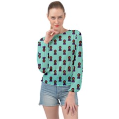 Nerdy 60s  Girl Pattern Aqua Banded Bottom Chiffon Top by snowwhitegirl