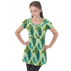 Peacock Feather Pattern Puff Sleeve Tunic Top by Vaneshart
