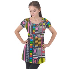 Pattern Geometric Abstract Colorful Arrows Lines Circles Triangles Puff Sleeve Tunic Top by Vaneshart
