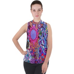 Red Flower Abstract  Mock Neck Chiffon Sleeveless Top by okhismakingart