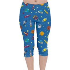 Space Rocket Solar System Pattern Velvet Capri Leggings  by Vaneshart