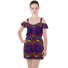 Kaleidoscope Pattern Ornament Ruffle Cut Out Chiffon Playsuit by Simbadda