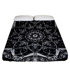 Black And White Pattern Monochrome Lighting Circle Neon Psychedelic Illustration Design Symmetry Fitted Sheet (california King Size) by Vaneshart