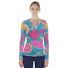 Seamless Pattern With Fruit Vector Illustrations Gift Wrap Design V-neck Long Sleeve Top by Vaneshart