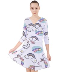 Cute Unicorns With Magical Elements Vector Quarter Sleeve Front Wrap Dress by Sobalvarro