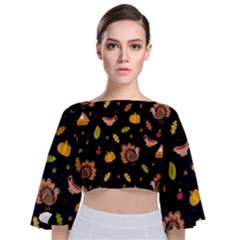 Thanksgiving Turkey Pattern Tie Back Butterfly Sleeve Chiffon Top by Valentinaart