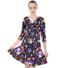 Dia De Los Muertos Quarter Sleeve Front Wrap Dress by Sobalvarro