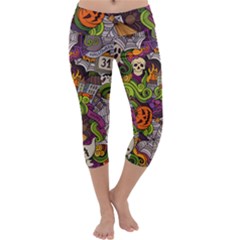 Halloween Doodle Vector Seamless Pattern Capri Yoga Leggings by Sobalvarro