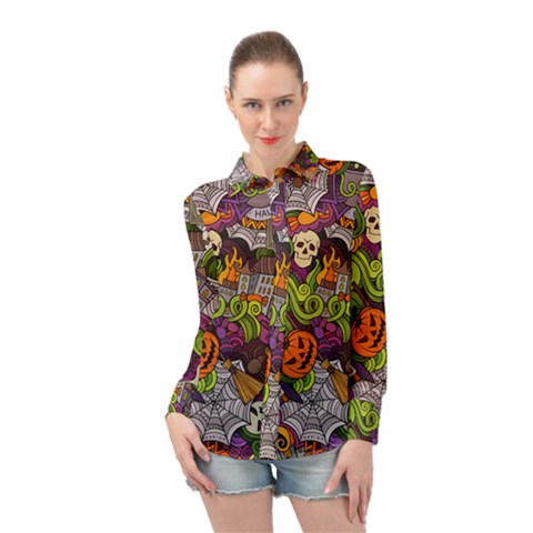 Halloween Doodle Vector Seamless Pattern Long Sleeve Chiffon Shirt by Sobalvarro