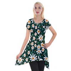 White Floral Pattern Short Sleeve Side Drop Tunic by designsbymallika