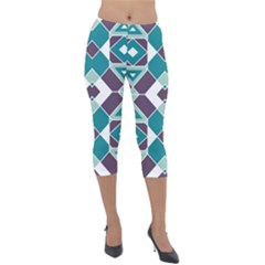 Teal And Plum Geometric Pattern Lightweight Velour Capri Leggings  by mccallacoulture