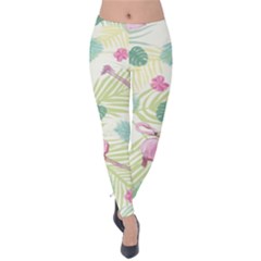 Beautiful Seamless Vector Tropical Pattern Background With Flamingo Hibiscus Velvet Leggings by Wegoenart