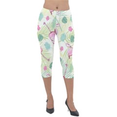 Beautiful Seamless Vector Tropical Pattern Background With Flamingo Hibiscus Lightweight Velour Capri Leggings  by Wegoenart