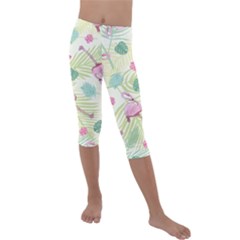 Beautiful Seamless Vector Tropical Pattern Background With Flamingo Hibiscus Kids  Lightweight Velour Capri Leggings  by Wegoenart