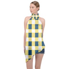 Diagonal Checkered Plaid Seamless Pattern Halter Asymmetric Satin Top by Wegoenart