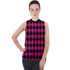 Block Fiesta Black And Peacock Pink Mock Neck Chiffon Sleeveless Top by FashionBoulevard