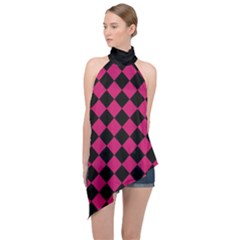 Block Fiesta Black And Peacock Pink Halter Asymmetric Satin Top by FashionBoulevard