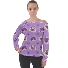 Cute Colorful Cat Kitten With Paw Yarn Ball Seamless Pattern Off Shoulder Long Sleeve Velour Top by Vaneshart