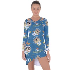 Seamless Pattern Funny Astronaut Outer Space Transportation Asymmetric Cut-out Shift Dress by Vaneshart