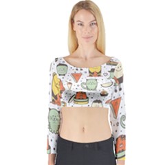 Funny Seamless Pattern With Cartoon Monsters Personage Colorful Hand Drawn Characters Unusual Creatu Long Sleeve Crop Top by Nexatart
