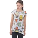 Funny Seamless Pattern With Cartoon Monsters Personage Colorful Hand Drawn Characters Unusual Creatu Cap Sleeve High Low Top View1