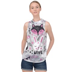 Big Set With Cute Cartoon Animals Bear Panda Bunny Penguin Cat Fox High Neck Satin Top by Vaneshart