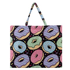 Colorful Donut Seamless Pattern On Black Vector Zipper Large Tote Bag by Sobalvarro