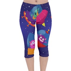 Cartoon Funny Aliens With Ufo Duck Starry Sky Set Velvet Capri Leggings  by Vaneshart