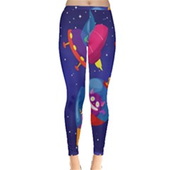 Cartoon Funny Aliens With Ufo Duck Starry Sky Set Inside Out Leggings by Vaneshart