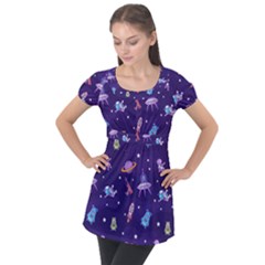 Space Seamless Pattern Puff Sleeve Tunic Top by Vaneshart