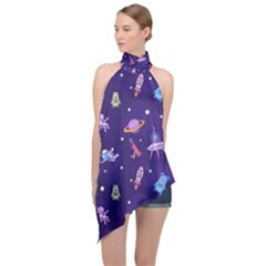 Space Seamless Pattern Halter Asymmetric Satin Top by Vaneshart