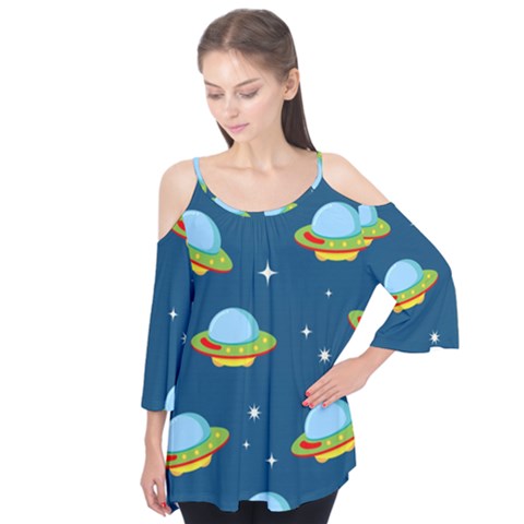 Seamless Pattern Ufo With Star Space Galaxy Background Flutter Tees by Vaneshart